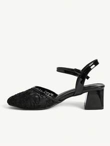 CUCCOO CHICEST Ladies Round Toe Fashion Simple Mesh Casual Mary Jane Saddle Strap High Heel Coarse Heel Sandals Summer Shoes - Black - View 10