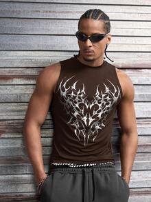 AXEPEAK Men's Hip Hop Street Graphic Print Round Neck Tank Top, Versatile - Coffee Brown - View 2