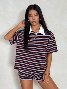 SHEIN PETITE Bộ đồ nữ phong cách Mỹ thường ngày, cổ điển, màu đỏ nâu sọc ngang, kiểu dáng preppy, gồm áo polo và quần short, thích hợp cho mùa xuân/hè. Áo polo nữ, trang phục retro, bộ đồ sọc ngang nữ, trang phục thập niên 90, trang phục thẩm mỹ nữ, trang phục thường ngày nữ, trang phục mùa hè nữ, bộ áo polo và quần short sọc ngang. - màu nâu - Xem 5