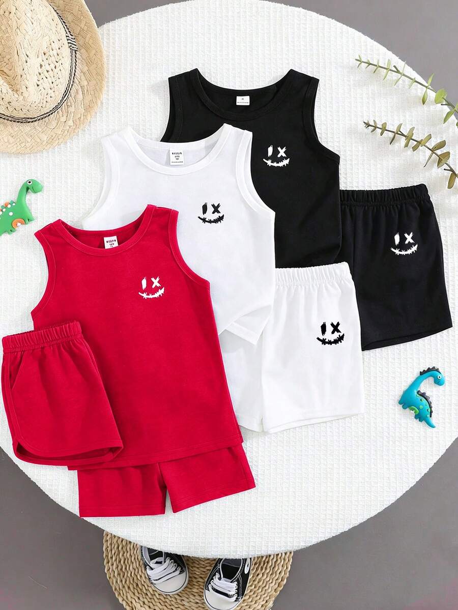 3pcs Young Boys Casual Comfortable Sporty Cartoon Smiling Face Print Vest&Shorts Set,Three-Color Versatile Summer Outfit For School Sports Lounging - Multicolor - View 1