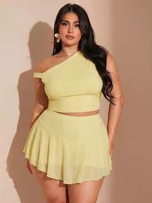SHEIN BAE Set de 2 piezas para mujer de talla grande con top asimétrico con cuello verde oliva y volantes, y falda ajustada con volantes, conjunto para vacaciones - Amarillo claro - Ver 2