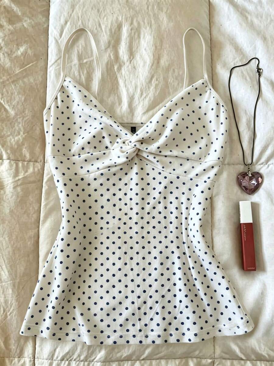 SHEIN 夏季女士休闲波点扭结吊带背心 - 彩色 - 查看 1