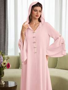 Al Najma Layered Floral Jacquard Hooded Cape With Ruffled Hem And Puff Sleeves, Elegant Robe - Pink - View 4
