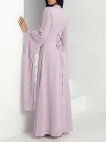 Veilorie Women's Solid Color Stand Collar Extra Long Sleeve Pleated Waist Elegant Dress Orchid Dress Party Dress - Pink - View 3