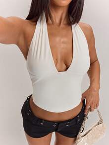 SHEIN BAE 女士白色露背吊带背心，采用光滑弹力针织面料，修身设计，无袖，短款，适合春夏穿着，百搭单品，衣橱必备，适合办公室、社交活动和都市出行，露背上衣，女士衬衫，短款吊带背心，白色吊带衫 - 白色 - 查看 5