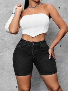 SHEIN SXY Shorts vaqueros de talla grande, ajuste ceñido casual, primavera/verano - Gris Claro - Ver 4