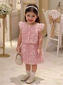 SHEIN 2pcs Baby Girl Elegant Dusty Pink Summer Clothing Set Chic 3D Rose Floral Mesh Tulle Flutter Sleeve Tops & Skirts Formal Concert Birthday Party Dress - Pink - View 1