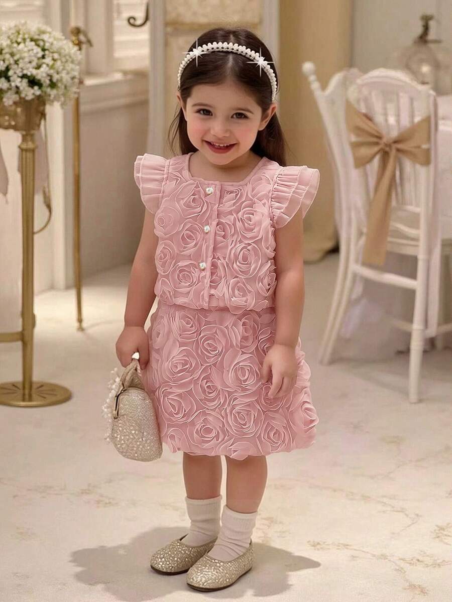 SHEIN 2pcs Baby Girl Elegant Dusty Pink Summer Clothing Set Chic 3D Rose Floral Mesh Tulle Flutter Sleeve Tops & Skirts Formal Concert Birthday Party Dress - Pink - View 1