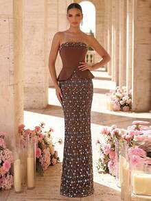 Glamrae Đầm maxi sang trọng, thanh lịch với chất liệu ren và satin đính hạt, kiểu dáng gợi cảm không dây vai và cổ yếm, phù hợp cho đám cưới, tiệc tùng, dạ hội, tiệc chiêu đãi (được trang trí cầu kỳ). - Cà phê nâu - Xem 5