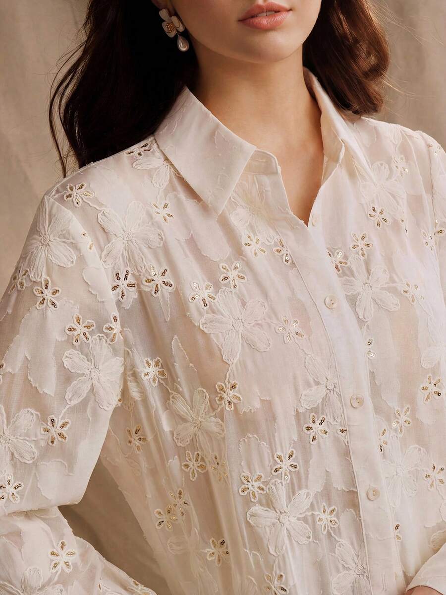 Anewsta Áo sơ mi dài tay nữ thanh lịch, tinh tế, thêu jacquard. - Màu be - Xem 1