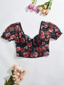 Myrelith 1pc Romantic Petal Sleeve Fishbone Design Underwire Bra Top For Women - Black - View 3