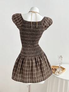 Elamini Vestido mini de verano con botones y estampado de cuadros retro - Marrón - Ver 2
