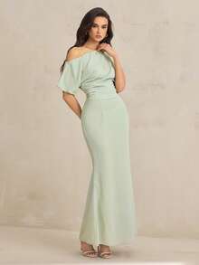 SHEIN Tall 女士纯色不对称褶皱短袖优雅连衣裙 - 灰綠 - 查看 3