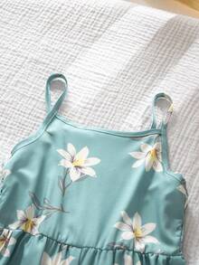 SHEIN Bộ áo liền quần ống rộng họa tiết hoa nhí mùa hè cho bé gái, có dây đeo điều chỉnh được. - màu xanh lá - Xem 3