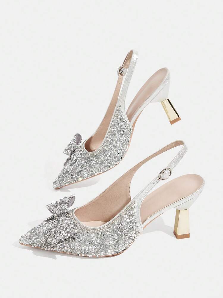 CUCCOO TILAWA Summer Ladies Elegant Luxury Rhinestones Butterfly Back Empty Shoes Shopping Party Commuter Office Fashion Pointed Silver High Heels