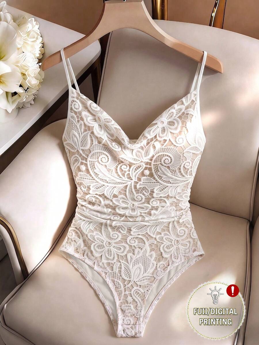 Everyssa 女士连体衣，女士春夏新款连体衣，女士夏季套装，女士度假连体衣，女士休闲套装，女士白色连体衣，女士蕾丝印花连体衣，女士时尚休闲连体衣，女士无袖连体衣，女士深V领连体衣，女士褶皱吊带连体衣，女士时尚休闲连体衣，适合日常穿着、度假、海滩 - 彩色 - 查看 1