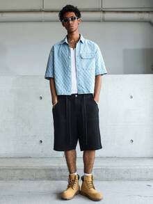 STEELVANCE Áo sơ mi nam tay ngắn chất liệu denim xanh, kiểu dáng thường ngày, chất liệu dệt kim, phong cách đường phố. - Rửa nhẹ - Xem 5