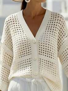 EMERY ROSE V-Neck Sleeveless Hollow Mesh Single-Breasted Loose Casual Women Thin Cardigan - Beige - View 6