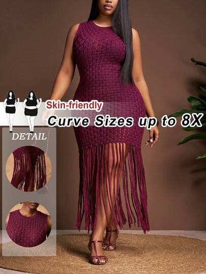 SHEIN CURVE+ Nuevo vestido maxi elegante y sofisticado para primavera/verano, adecuado para vacaciones, citas, fiestas, eventos formales, cumpleaños, uso diario, bodas, graduaciones, reuniones familiares, fiestas con estilo francés, etc. Vestido ajustado de cuello redondo sin mangas de color borgoña sólido con dobladillo con flecos, tela de jacquard de ganchillo, talla grande