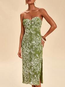 Travachic Fitted Embroidered Waist Midi Bodycon Dress For Women - Olive Green - View 4