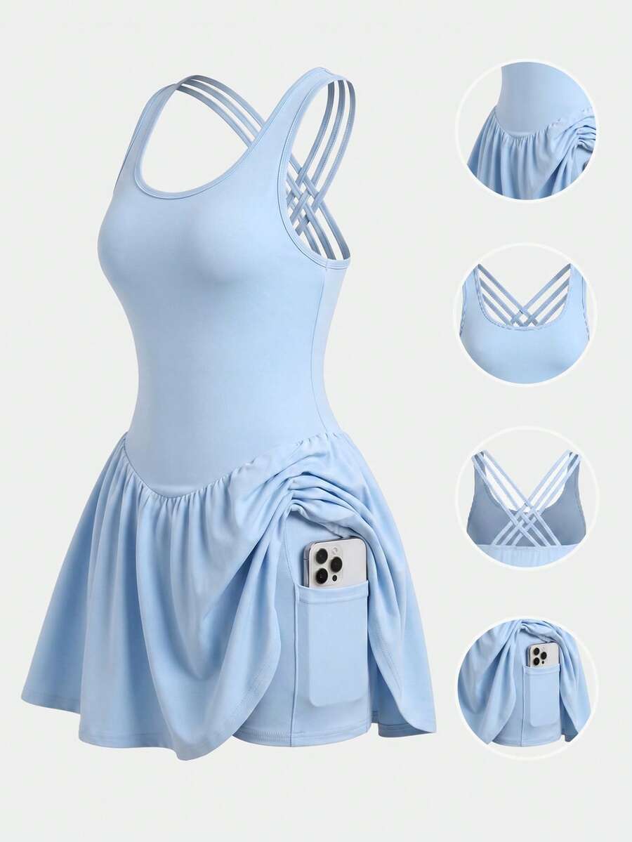SHEIN 青少年女孩休閒運動瑜伽網球純色交叉背心連衣裙,內建內搭褲防走光口袋設計運動裙 - 藍色 - 查看 1