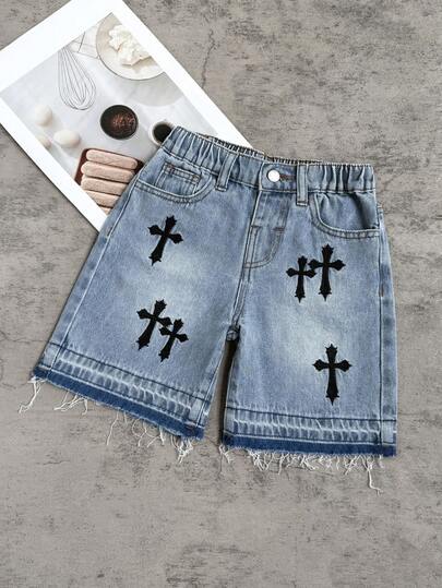 SHEIN Young Boy Y2k Distressed Urban Street Style Cross Embroidered Loose Blue Denim Jeans Shorts Summer,For Kids Boys Spring/Summer Dailywear Outfits,Boys Streetwear Outfits,Vacation Outfits For Boys,Birthday Outfits For Boys,Casual Clothes For Boys,Graphic Jeans,Toddler Shorts,4-Year-Old Boys Shorts ,Summer Shorts,Casual Shorts,Graphic Shorts