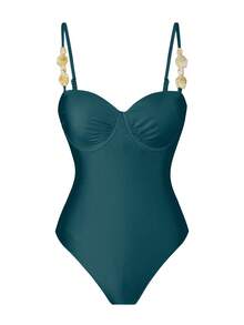 Swim Oasis 女士纯色吊带米色钢圈连体泳衣，配有可拆卸肩带、可调节侧边荷叶边和可拆卸金属装饰网纱裙三件套泳衣 - 藍色 - 查看 3