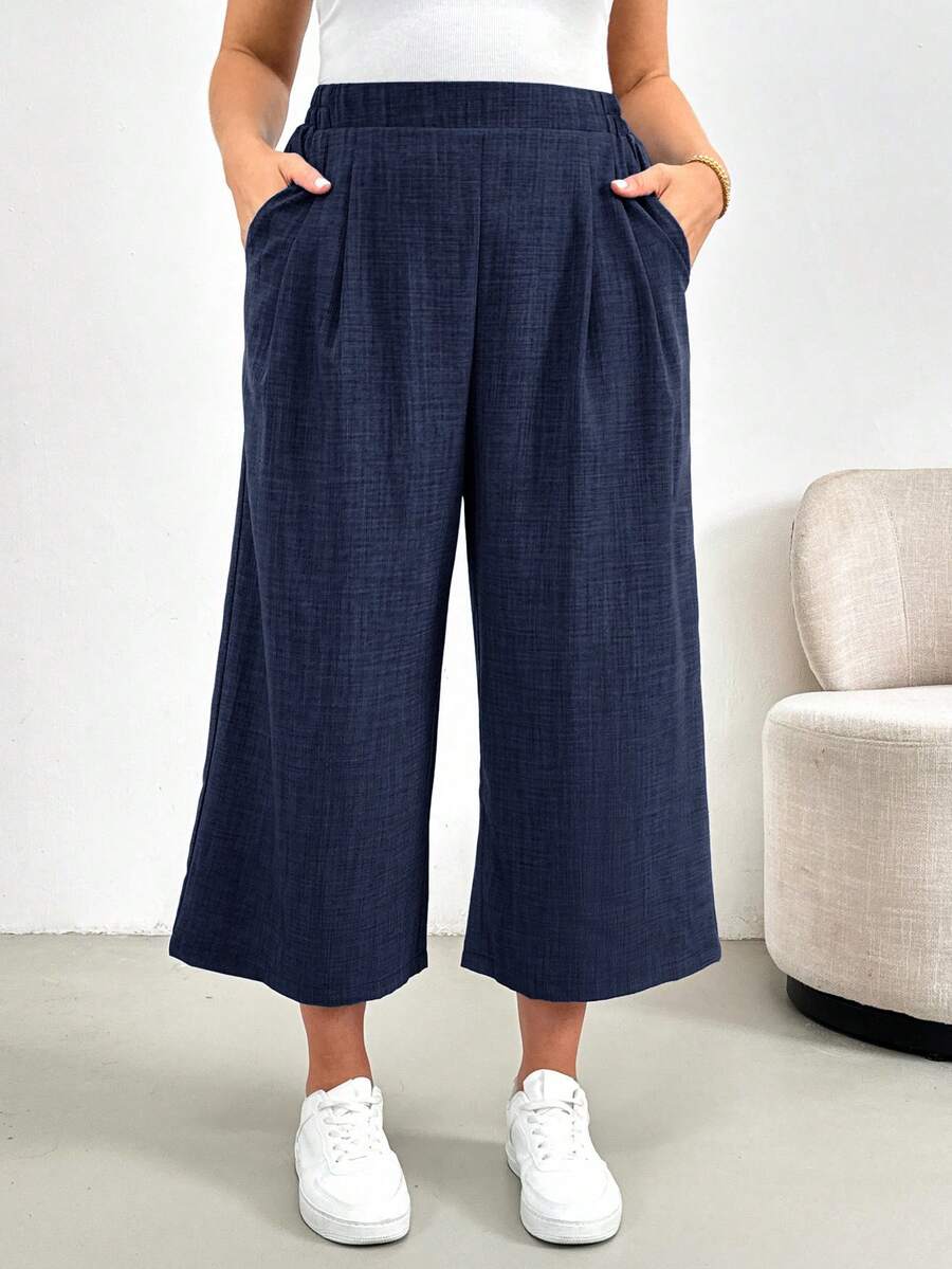 SHEIN Essnce 大码女装春夏时尚休闲宽松舒适日常弹力腰蓝色阔腿裤七分裤,宽松裤,女式下装,女士七分裤,欧洲夏季,工作裤 - 藏蓝色 - 查看 1