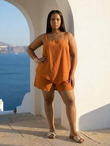 ELLERISSA Plus Size Burnt Orange Linen-Like Cami & Shorts Co-Ord Set - Burnt Orange - View 5