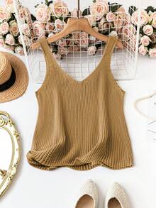 SHEIN Clasi Plus Size Solid Color Minimalist Sleeveless Knit Top - Mustard Yellow - View 2