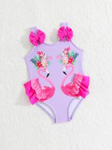 Baby Girl Flamingo Print Bow Decor One-Piece Swimsuit - Mauve Purple - View 5