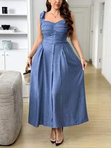 SHEIN LUNE Vestido de tirantes con pliegues en el Body y bajo acampanado, de unicolor, para mujer talla grande, para uso casual, playa, vacaciones y citas - Azul - Ver 4