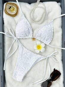 Swim Mod 2pcs/Set Solid Color Sunflower Fabric Triangle Halter Front Chest Fashion Metal Flower Decor Cute Influencer Vacation Bikini Swimwear For Women - White - View 3