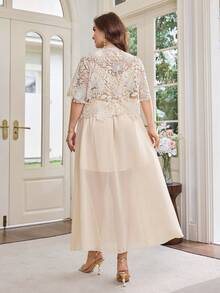Modelyn Plus Size Women 2-Piece Set, Water-Soluble Lace Blouse Paired With Chiffon A-Line Skirt, Brown Color, Summer Elegant Fashionable Wedding Outfit - Apricot - View 2