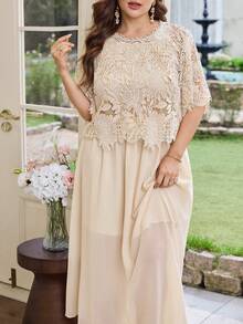 Modelyn Plus Size Women 2-Piece Set, Water-Soluble Lace Blouse Paired With Chiffon A-Line Skirt, Brown Color, Summer Elegant Fashionable Wedding Outfit - Apricot - View 1