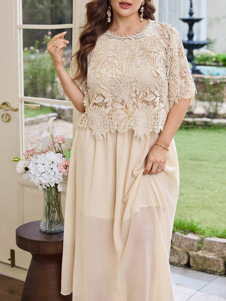 Modelyn Plus Size Women 2-Piece Set, Water-Soluble Lace Blouse Paired With Chiffon A-Line Skirt, Brown Color, Summer Elegant Fashionable Wedding Outfit - Apricot - View 1