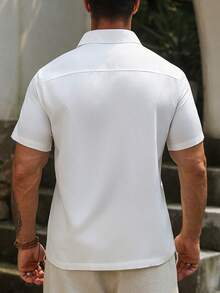 VENTUSAIL 男士休閒白色夏季短袖襯衫，風 Guayabera 風格蕾絲襯衫，附壓褶細節，度假假期婚禮復古上衣 - 白色 - 查看 2