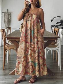 SHEIN LUNE Plus Size Women Floral Print Ruched Cami Dress, Holiday Holiday Vacation Beige Summer Boho - Multicolor - View 5