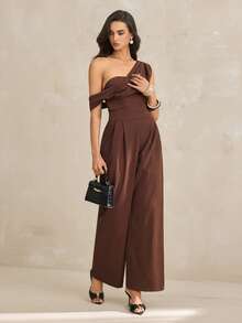 SHEIN Tall Mono elegante de mujer en tonos albaricoque y marrón, mono de verano para fiesta con escote asimétrico, drapeado, sin tirantes, de pierna ancha, sin mangas, para vacaciones, para mujeres altas - Marrón - Ver 3