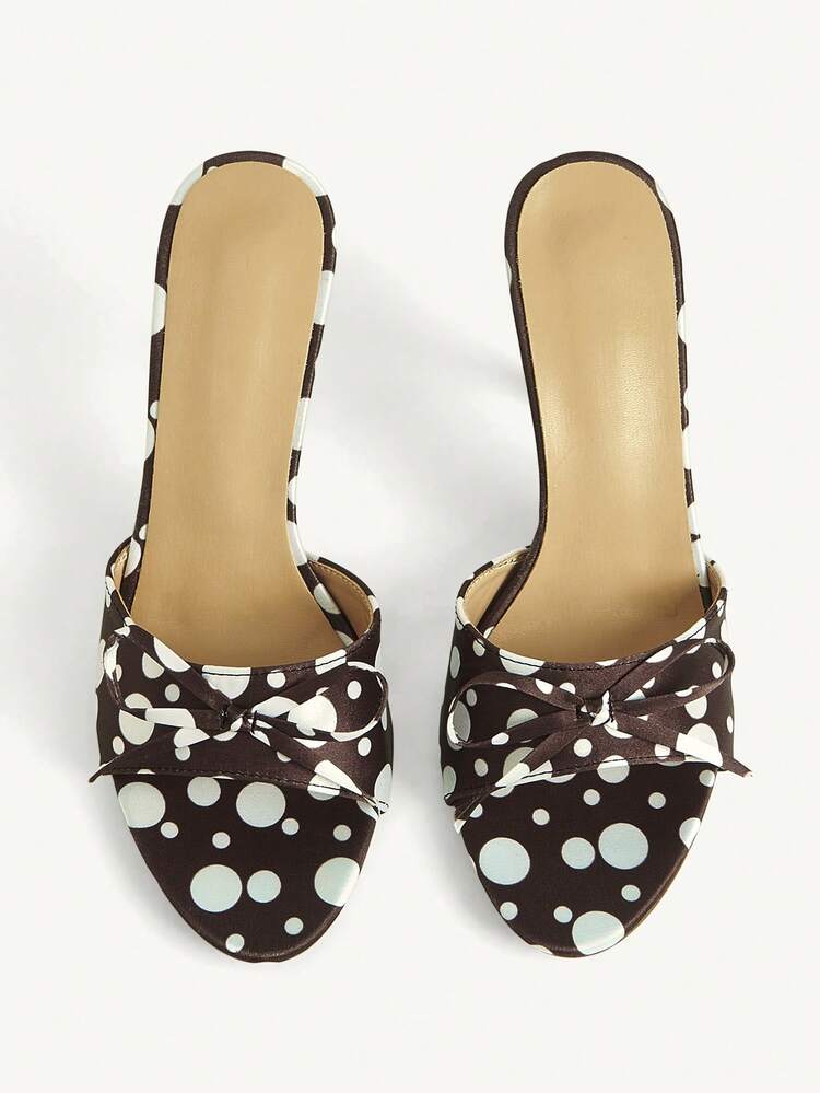 CUCCOO CHICEST Brown Polka Dot Satin Bow Mules, Round Toe Stiletto Open-Toed Slippers, Retro High-Heeled Sandals