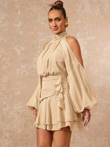Lumalex Women's Spring/Summer Elegant Purple Off-Shoulder Design, Mushroom Button Ruffle Long Sleeve, Fitted Silhouette, Flared Mini Dress - Apricot - View 7