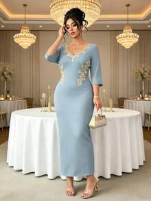 Elenzga Đầm đen ôm dáng thanh lịch tối giản cổ chữ V dành cho nữ cỡ lớn, điểm xuyết hoa vàng, phù hợp cho mặc hàng ngày, hẹn hò, dự tiệc và tiệc chiêu đãi. - Màu xanh bụi bặm - Xem 7