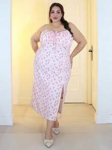 Pretty and Ole 大尺碼碎花胸部抓皺高衩細肩帶洋裝，夏季乳女風洋裝、束身洋裝，女款優雅束身洋裝 - 粉色 - 查看 1