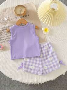 SHEIN Playful Pals 女婴夏季蓝色纹理无袖上衣和蓝色格子短裤套装，饰有蓝色蝴蝶结，日常必备单品 - 淡紫色 - 查看 8