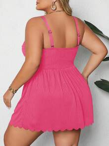 SHEIN CURVE+ Plus Size Women Ruched Spaghetti Strap Tankini Top And Triangle Bottoms Swimsuit Set - Hot Pink - View 2