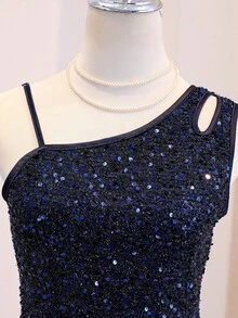 SHEIN Navy Blue Sleeveless Waist Splice Elegant Midi Dress For Teens Sixth Form,Graduation,Party - Navy Blue - View 8
