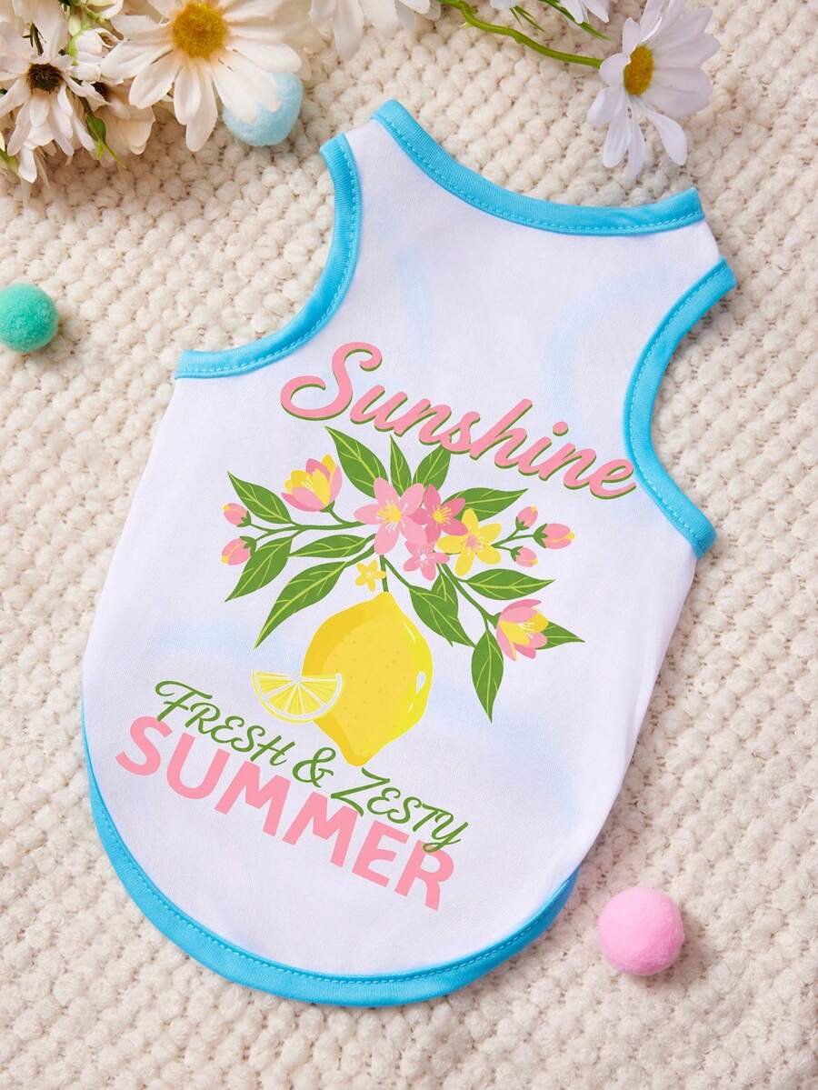 PETSIN 1件黄色柠檬印花夏季防晒背心,蓝色拼接白色,柔软透气,防掉毛宠物服装 - 彩色 - 查看 1