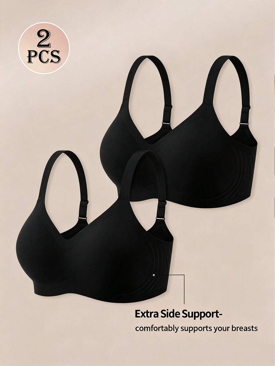 SHEIN 2pcs/Set Plus Size Seamless Jelly Stripe Soft Support Wireless Bra, Gather & Lift Bust, Reduce Side Bulge - Black - View 1