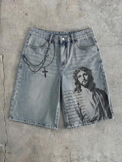 AXEPEAK Men's Slogan & Figure Graphic Pocket Casual Denim Shorts