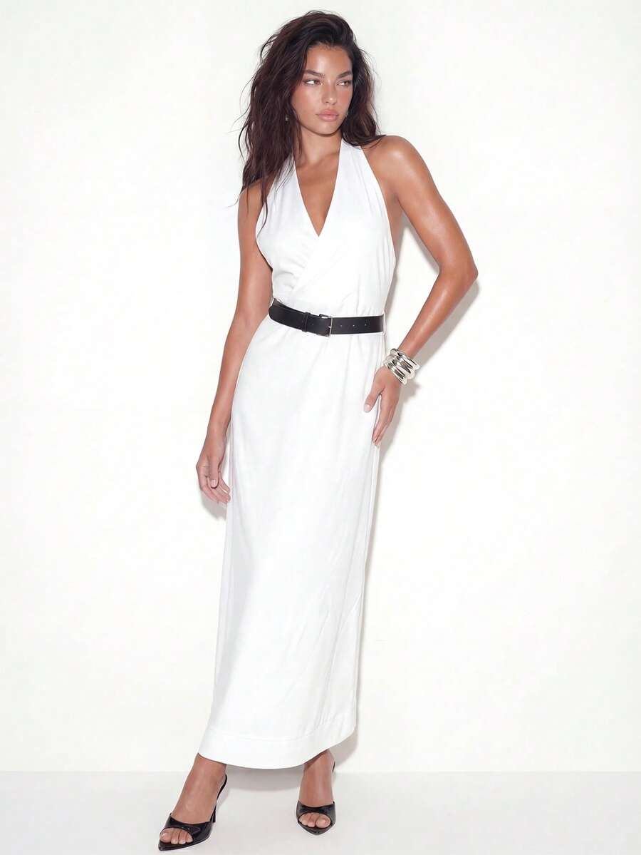 Femmeiva Vestido longo branco transpassado com decote nas costas e cinto, elegante vestido feminino. - Branco - Ver 1